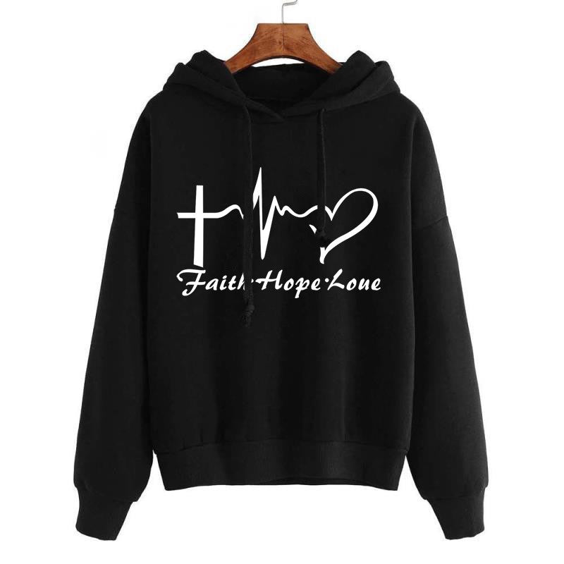 Heart Print Hoodie, Sweatshirt Pullover, Tops, Women Long Sleeve