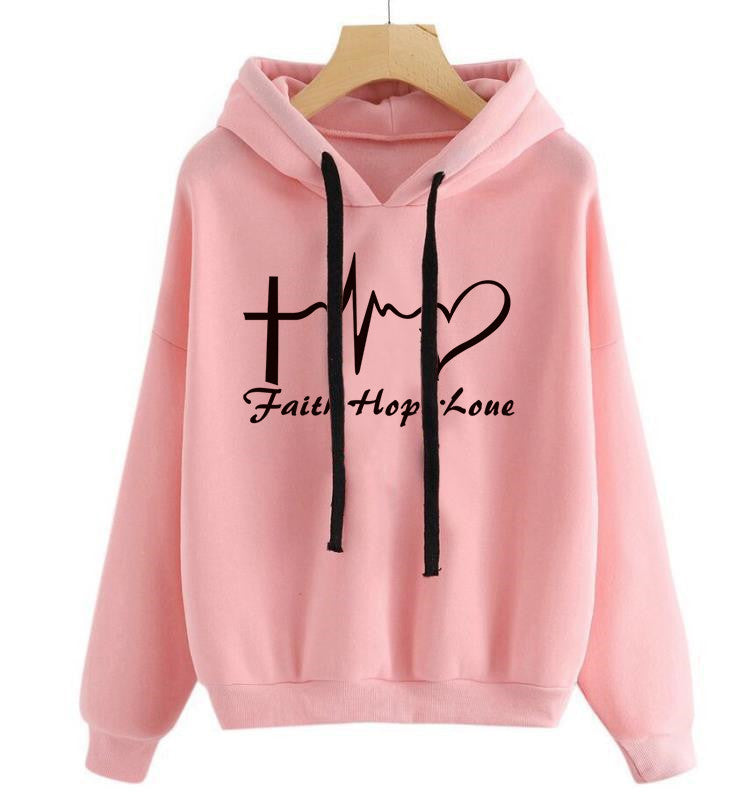 Heart Print Hoodie, Sweatshirt Pullover, Tops, Women Long Sleeve