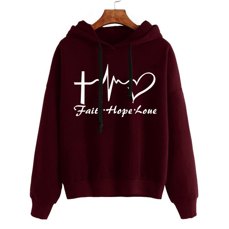 Heart Print Hoodie, Sweatshirt Pullover, Tops, Women Long Sleeve