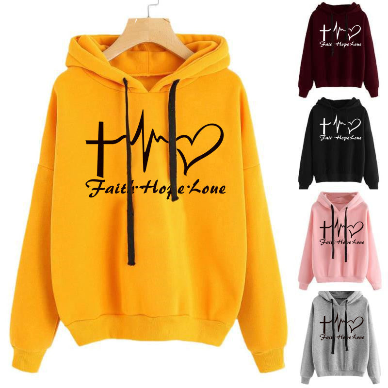 Heart Print Hoodie, Sweatshirt Pullover, Tops, Women Long Sleeve