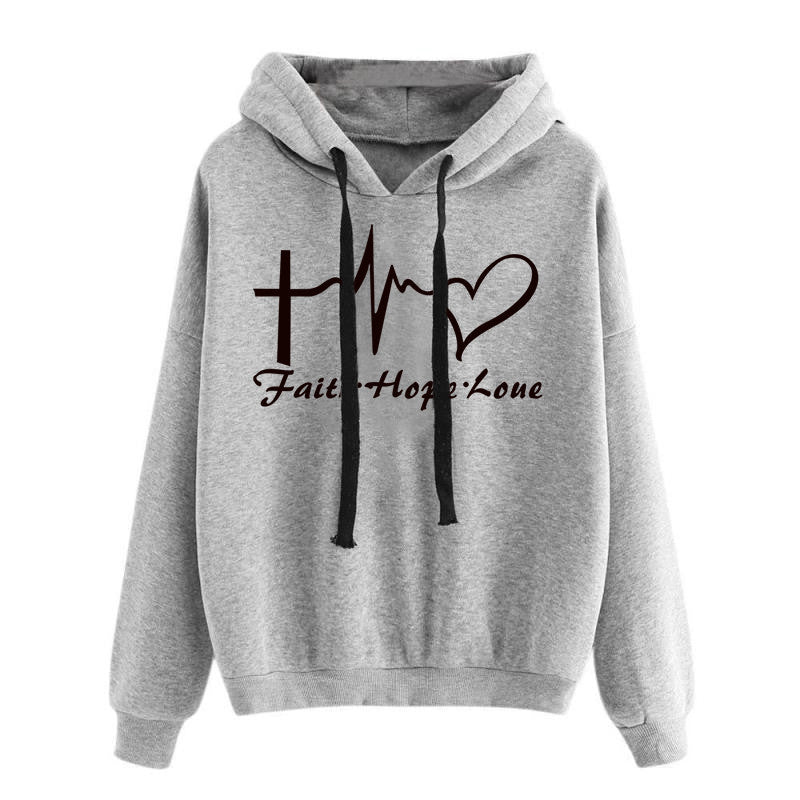 Heart Print Hoodie, Sweatshirt Pullover, Tops, Women Long Sleeve