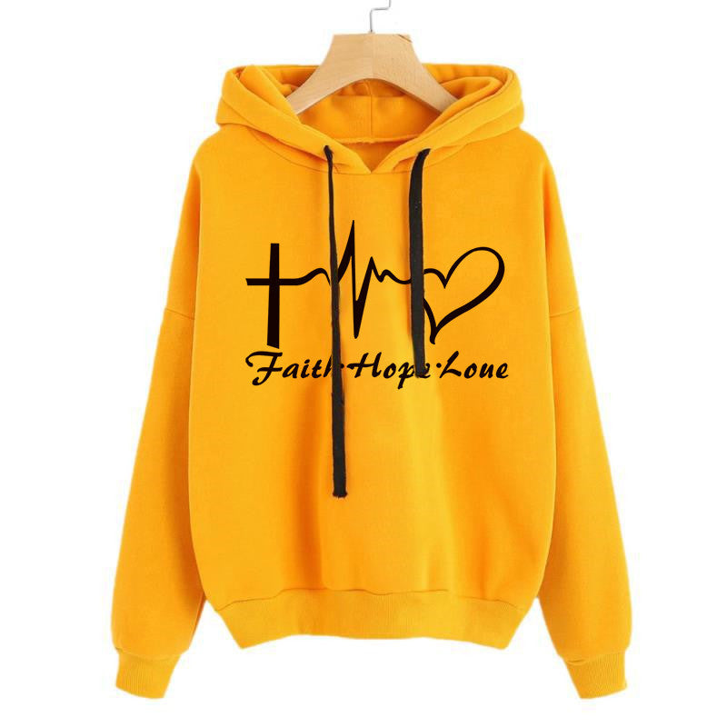 Heart Print Hoodie, Sweatshirt Pullover, Tops, Women Long Sleeve